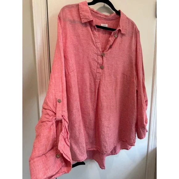 Sigrid Olsen Womens 2X Pink 100% Linen Roll Tab Sleeve Henley Tunic Top Blouse - Picture 4 of 6